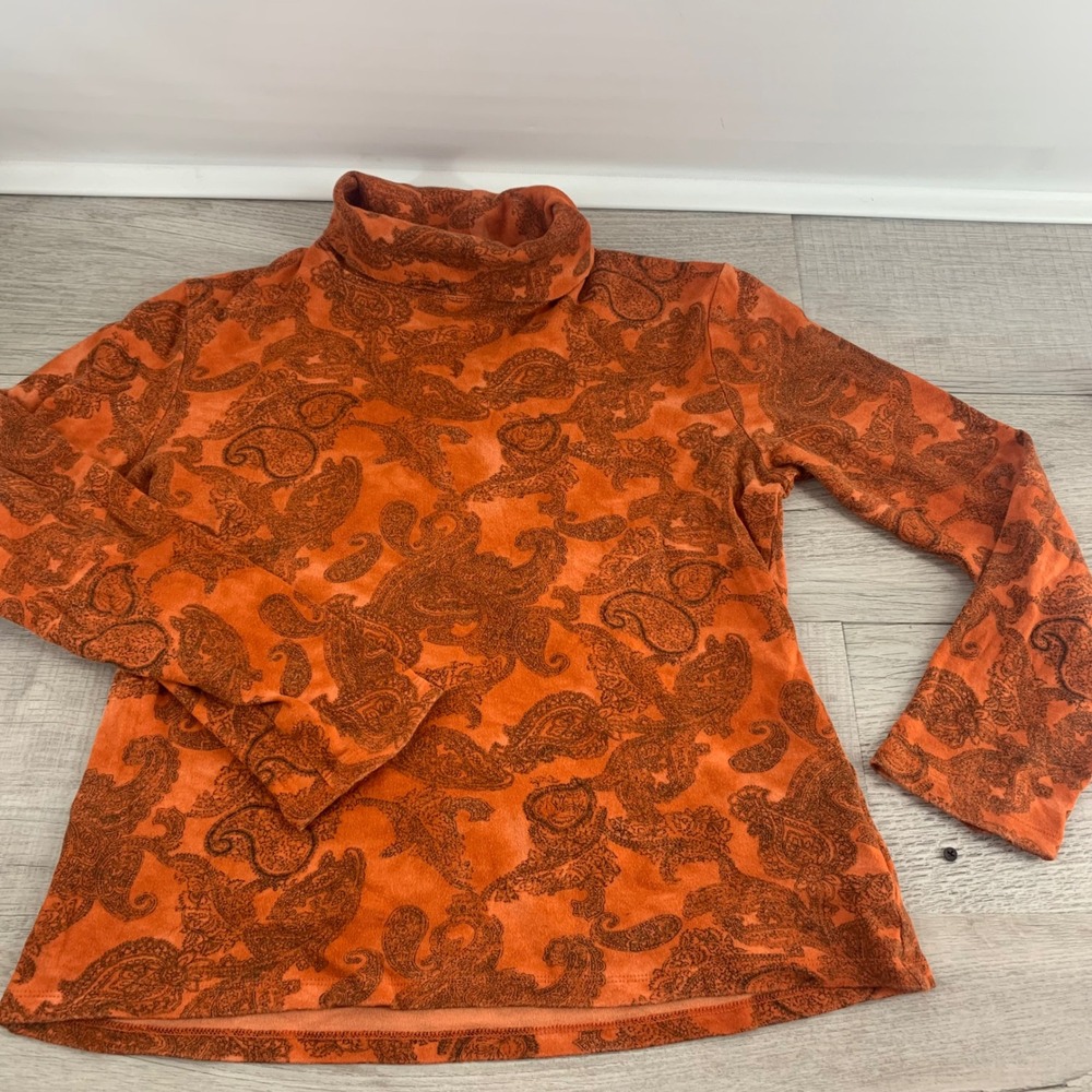 Jones New York Sport Womens Orange Paisley Cotton Turtleneck Top L Long Sleeve